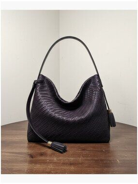 Woven Vegan Leather Tote Bag with Adjustable Strap for Work Travel